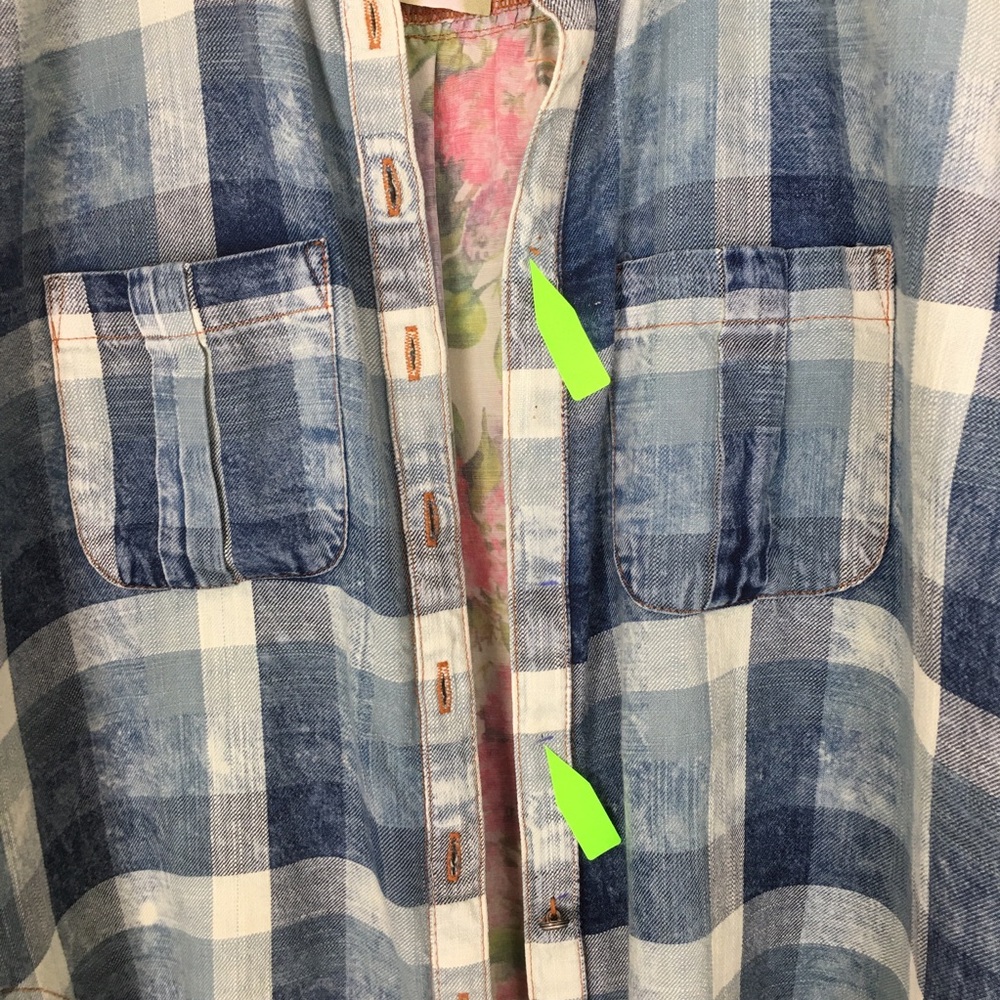 Aratta Silent Journey Plaid Chambray Floral Embroidered Button Down Top Blouse - Picture 7 of 16